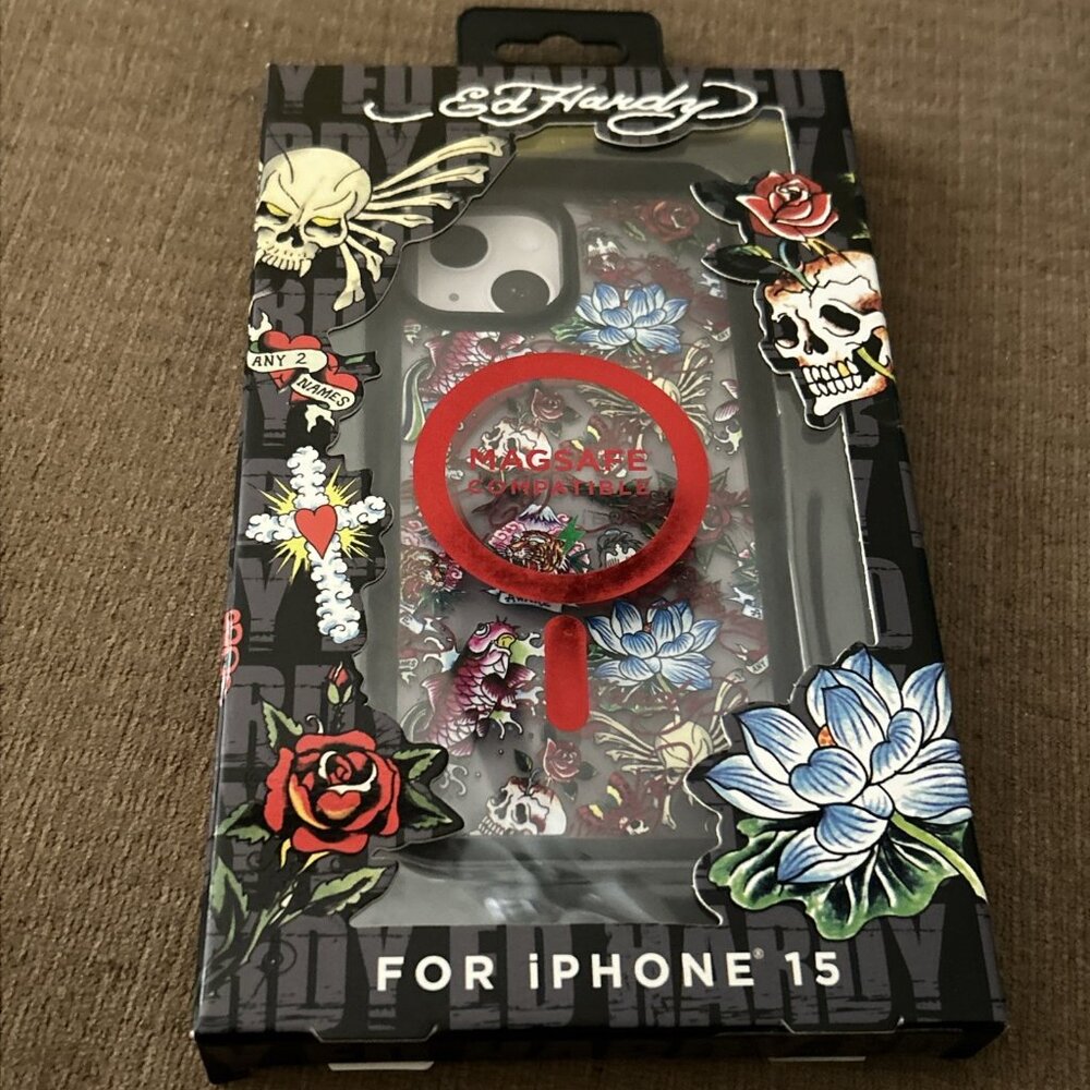 Ed Hardy Phone Case For iPhone 15 Tattoo Style Fish Skulls Flowers Black Trim